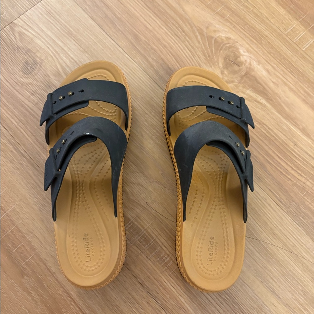 Black and Tan Slide Sandals